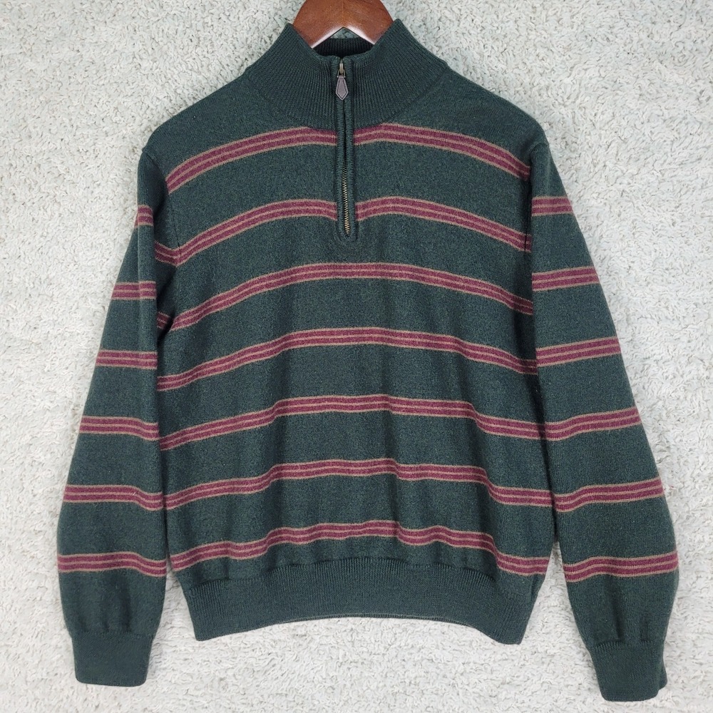 Vintage Brooks Brothers Sweater Men's M* 1/4 Zip 100% Merino Wool Green Striped